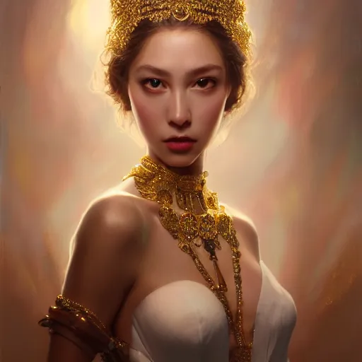 Image similar to expressive oil painting, of alluring european princess, seductive look, smooth glowing skin, glistening body, love, adoration, ornate headpiece made from beads, glamour shot, by yoshitaka amano, by greg rutkowski, by jeremyg lipkinng, by artgerm, digital art, octane render, white dress