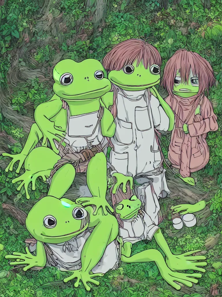 Prompt: high resolution 4k happiness of pepe love and family worlds of Akihito Tsukushi the of field of love acid tripp made in abyss design ivory dream like storybooks wandering in a forest pepe the frog happy alone in a field sitting wholesome soft and warm the value of love a clear prismatic sky, red woods Canopy love, warm ,Luminism, pepe the frog , art in the style of Tony DiTerlizzi , Francisco de Goya and Akihito Tsukushi and Arnold Lobel