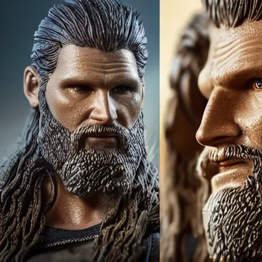 Prompt: of a 3d clay model of a viking from valhalla, ultra fine detail, hair strands, ultra high resolution, fine texture detail, miniature painting techniques, perfect proportions, marvel cinematic universe, eric bana