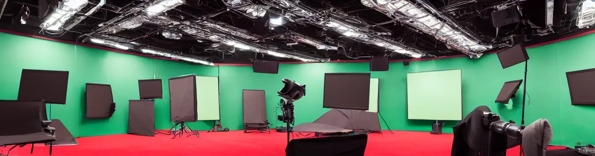 Image similar to photo of a movie set with a single big green screen with red tracking markers dots, studio, movie set, realistic, studio lighting