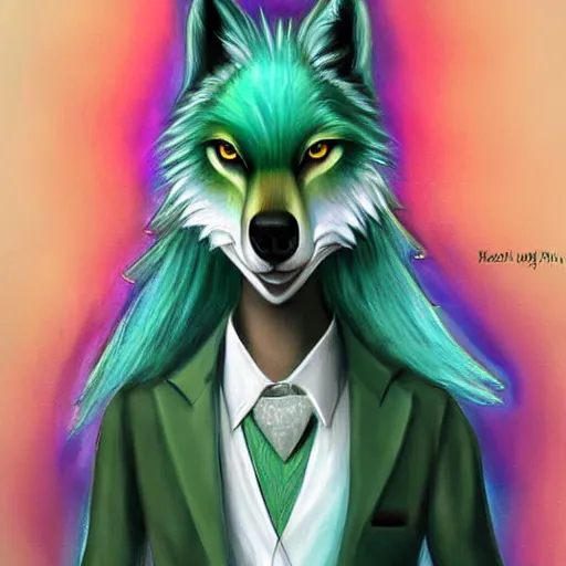 Prompt: Beautiful digital painting, oil painting, anthro anthropomorphic pastel-green androgynous wolf, Punk outfit. lake