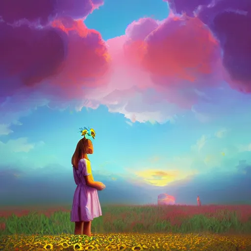 Image similar to giant daisies flower as head, girl sitting in a flower field, surreal photography, sunrise, dramatic light, impressionist painting, colorful clouds, digital painting, artstation, simon stalenhag