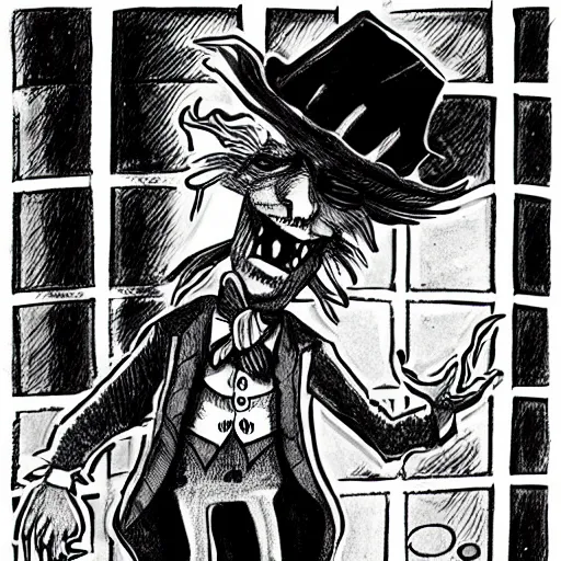 Image similar to a Pop Wonder scary horror themed goofy-hilarious-character Mad-Hatter-wearing a scarf, 3-piece-suit, dime-store-comic drawn with charcoal and pen and ink, half-tone-line-stacking