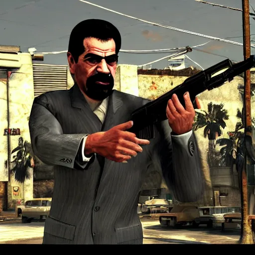 Prompt: saddam hussein pointing a gun at person in GTA V loading screen, HD