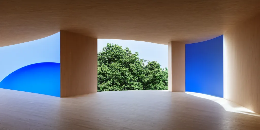 Prompt: Light minimalistic interior with a portal with blue flying mountains inside and a sphere in the center, rays of volumetric light, high realistic, cinimatic, 8k James Turrell