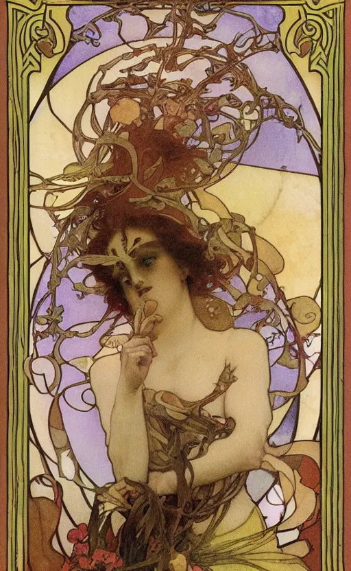 Prompt: the fool tarot, beautiful border, by alfons maria mucha, highly detailded