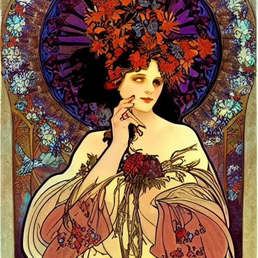 Prompt: persephone as goddess of death and flowers, evil, painted by alphonse mucha