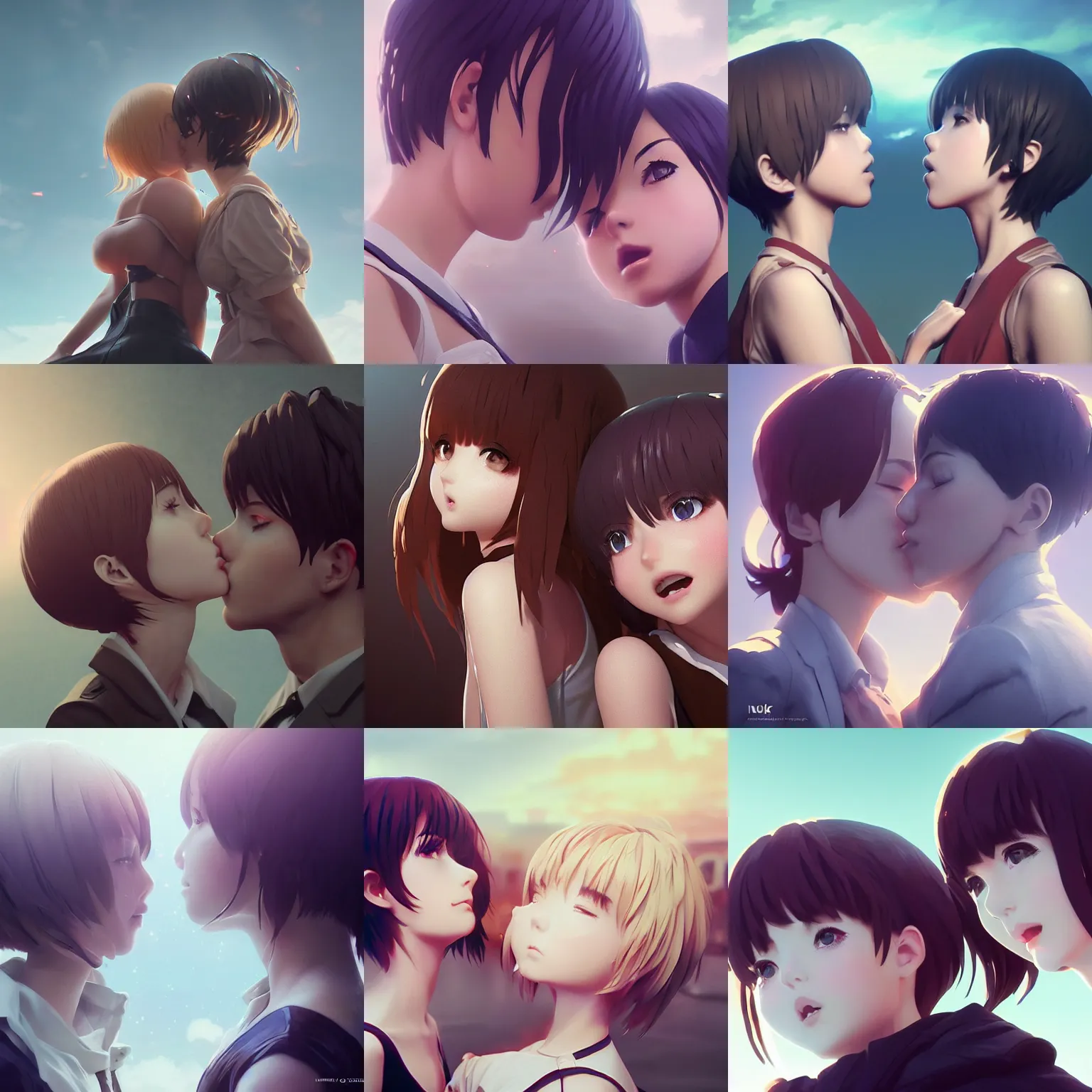 Image similar to worksafe. instagram photo. insanely detailed. by wlop, ilya kuvshinov, krenz cushart, greg rutkowski, pixiv. zbrush sculpt, octane, maya, houdini, vfx. close - up, two anime girls kiss. in luxury advertisement. cinematic dramatic atmosphere, sharp focus, volumetric lighting