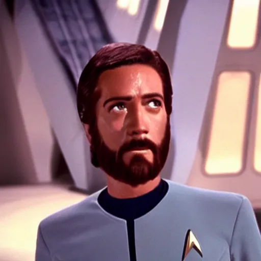 Image similar to a film still of jesus in star trek 1 9 6 6 realistic, detailed, wearing suit
