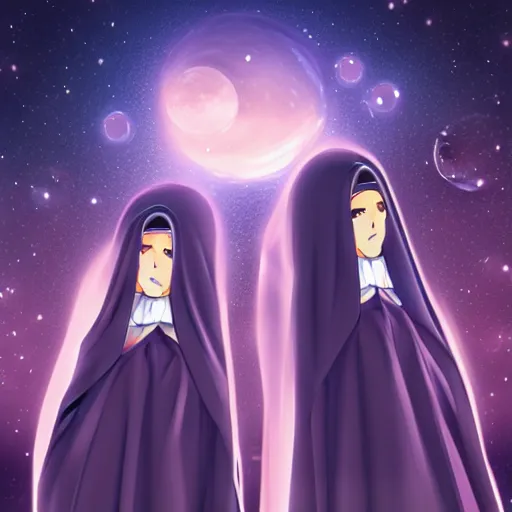 Prompt: two identical female nuns outside at night, starry sky, clean detailed anime art