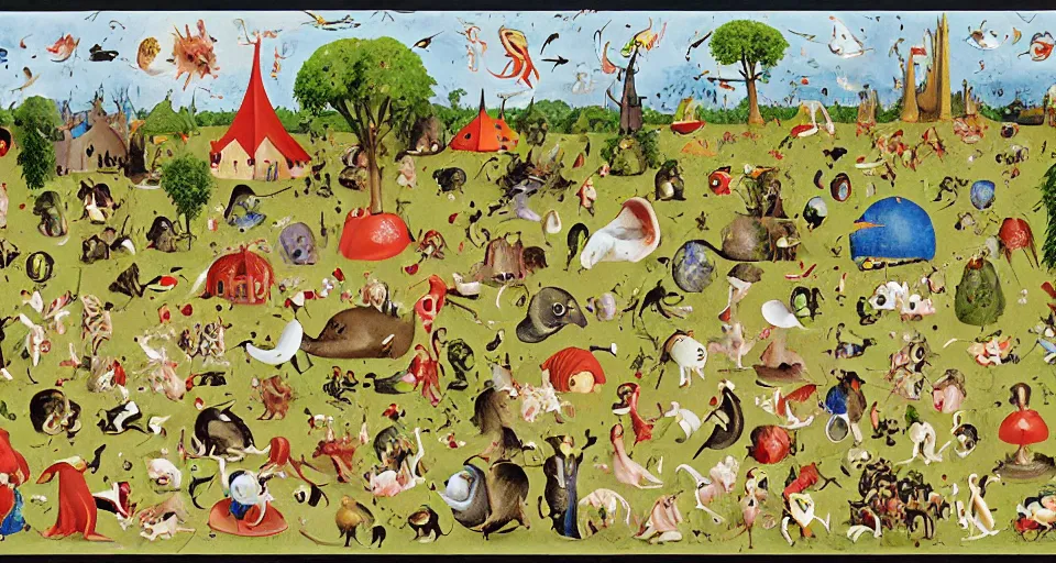 Prompt: The Garden Of Earthly Delights in the style of Richard Scarry, children\'s illustration