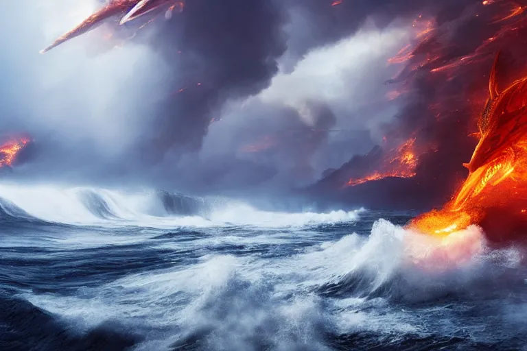 Image similar to fire dragon with lightnings and smoke is fighting against giant water monster with huge waves, dramatic fire lighting, CGsociety, full length, exquisite detail, post-processing, masterpiece, volumetric lighting, cinematic, hypermaximalistic, high details, cinematic, 8k resolution, beautiful detailed, insanely intricate details, sharp edges, smooth focus, low angle, tilted