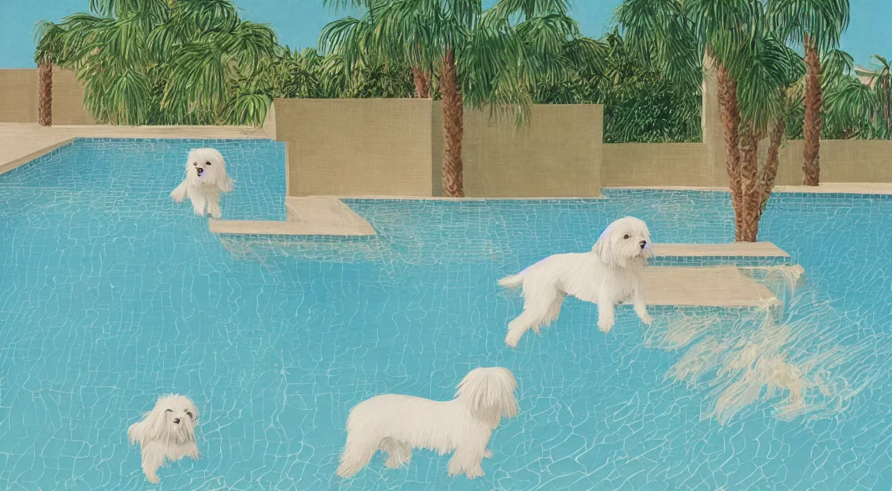 Image similar to medium shot of one cream colored havanese dog swimming in a swimming pool at a mid century modern house in palm springs by david hockney