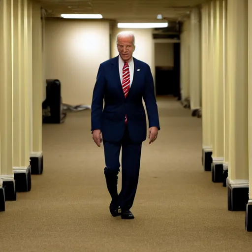 Image similar to Joe Biden lost in the backrooms, old moist carpet, mono-yellow, fluorescent lights, randomly segmented rooms, eerie