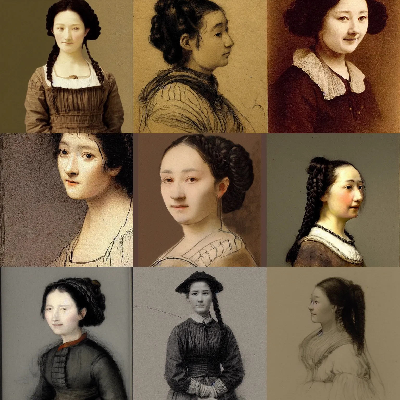 Prompt: a side's profilecontent of a sadly smiling black haired, young hungarian village maid from the 19th century who looks very similar to Lee Young Ae with a french braids, detailed, sketch by Rembrandt, Csók István and da Vinci