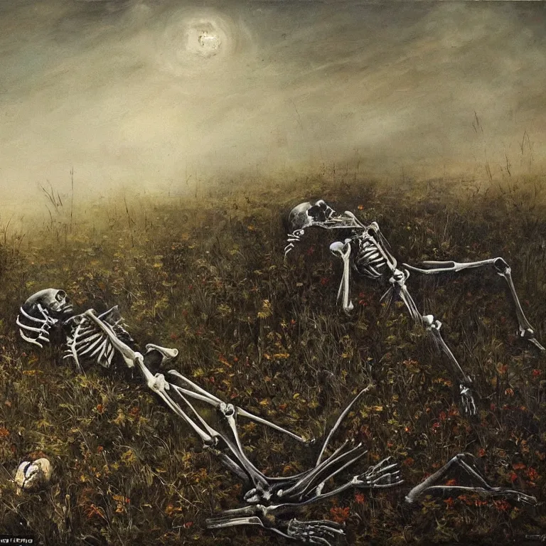 Image similar to dark, beautiful atmospheric painting of decaying skeleton and bones. in a meadow