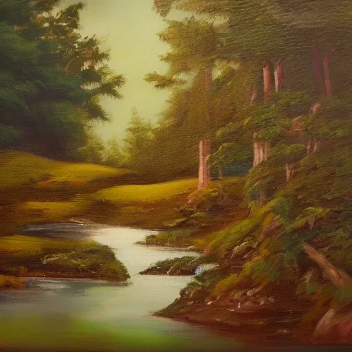 Image similar to imaginary cup of tea, landscape, peaceful, soft colors, forest, oil on canvas