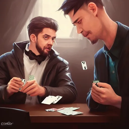 Image similar to two shady looking guys playing cards against each other while clearly cheating , made by Stanley Artgerm Lau, WLOP, Rossdraws, ArtStation, CGSociety, concept art, cgsociety, octane render, trending on artstation, artstationHD, artstationHQ, unreal engine, 4k, 8k,