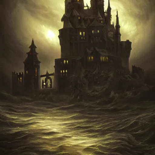 Image similar to dark and stormy eerie gothic castle with lightning, extremely detailed, oil painting, 8k, trending on artstation