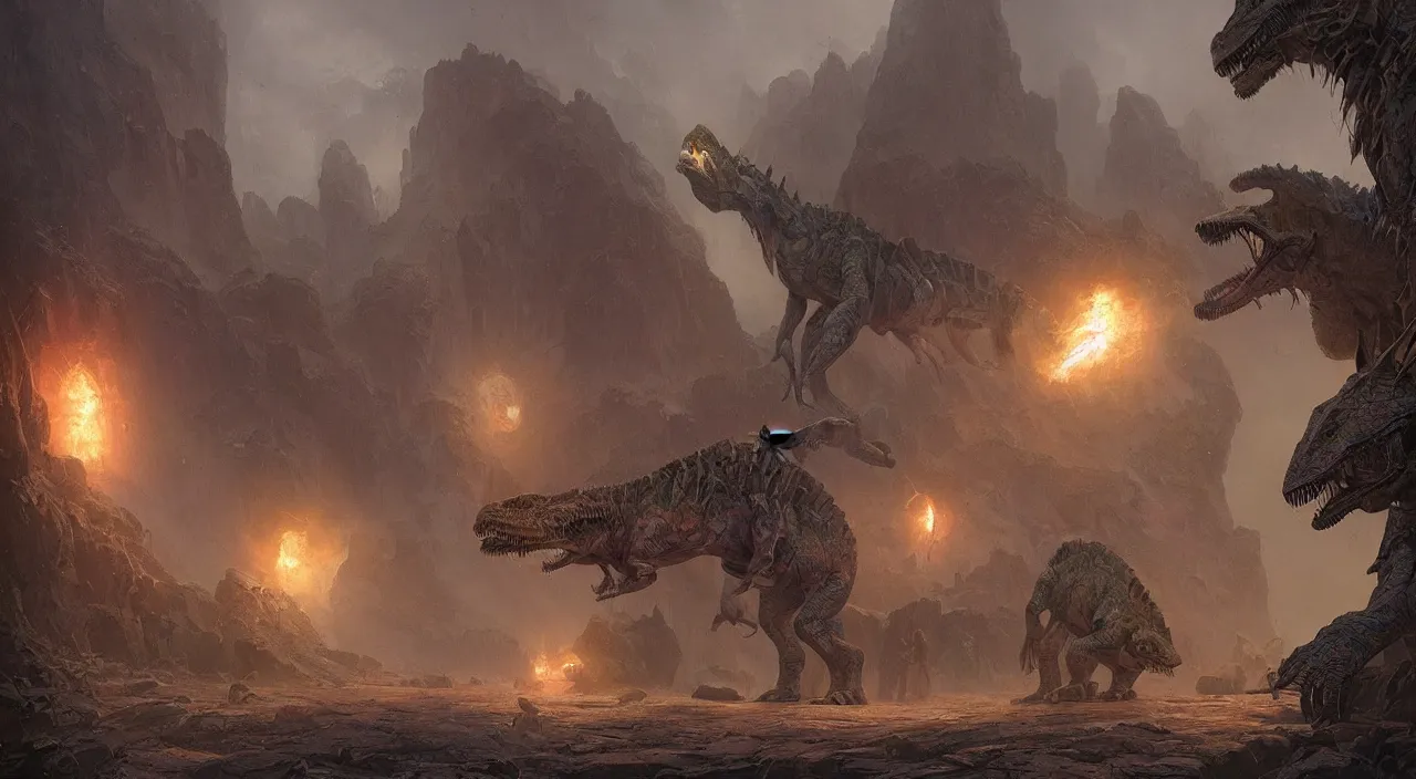 Prompt: technicolor dinosaurs, glowing with magic, surrounded by slate grey walls, insane details, dramatic lighting, fantasy art, concept art, greg rutkowski, james gurney, johannes voss, hasui kawase.