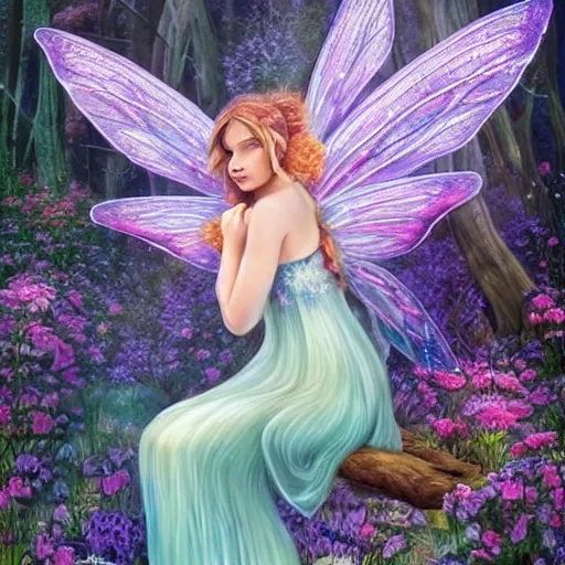 Prompt: the most beautiful fairy sitting on a flower in an amazing peaceful forest, fantasy artwork, detailed, sharp