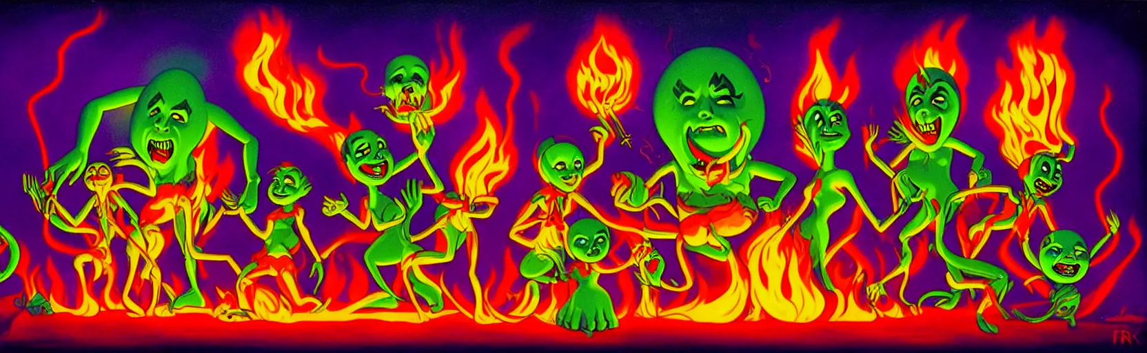 Image similar to uncanny repressed mutants from the depths of a festive imaginal realm in the collective unconscious, dramatic fire glow lighting, surreal dark 1 9 3 0 s fleischer cartoon characters, surreal painting by ronny khalil