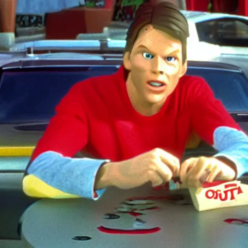 Image similar to claymation marty mcfly solving a puzzle at in - n - out