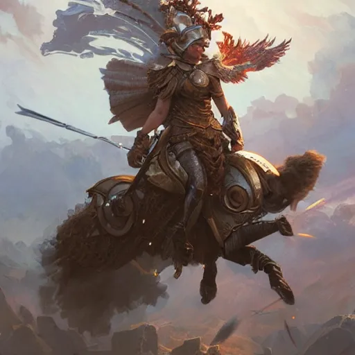 Image similar to A Valkyrie charging into battle during Ragnarok, fantasy, intricate, highly detailed, digital painting, artstation, Greg Rutkowski, Artgerm, Alphonse Mucha, WLOP