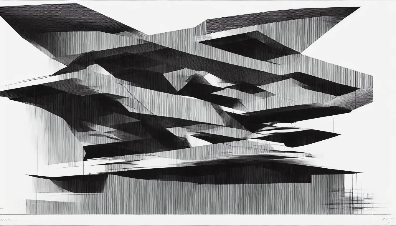 Image similar to a black and white drawing of a architectural elevation by zaha hadid, a screenprint by robert rauschenberg, behance contest winner, deconstructivism, da vinci, constructivism, greeble