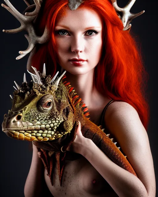 Prompt: 5 5 mm portrait photo of an armored redhead woman with antlers and a an iguana sitting on her shoulder by luis royo. highly detailed 8 k. intricate. lifelike. soft light. nikon d 8 5 0. cinematic post - processing