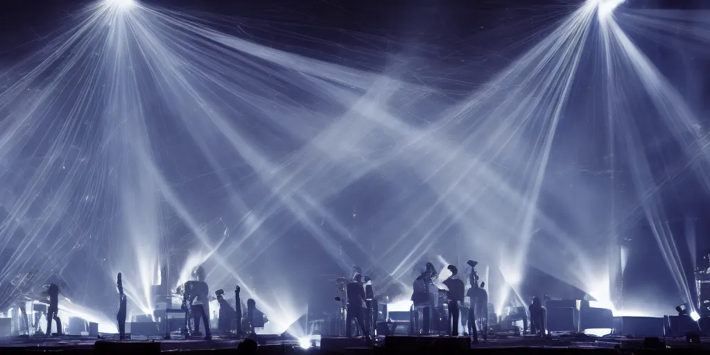 Image similar to Thom Yorke singer songwriter, Radiohead group of people on stage playing instruments, elaborate stage effects, dust, smoke, giant LED screens, colored projections, ultrafine detail, glowing thin wires, smoke, high contrast, projections, a screenshot by David Gilmour Blythe, holography, tesseract, volumetric lighting, anamorphic lens flare