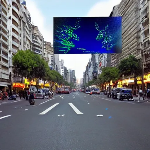 Image similar to Buenos Aires, futuristic, flying cars, futuristic hologram screens in the street