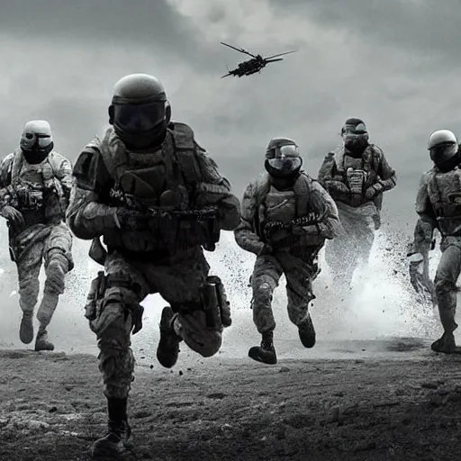 Image similar to Special Forces in grey uniform with black body armor evacuating an LZ in 2022, photo by Adam Ferguson, Pulitzer Winning, cinematic composition, breathtaking, modern, 2022