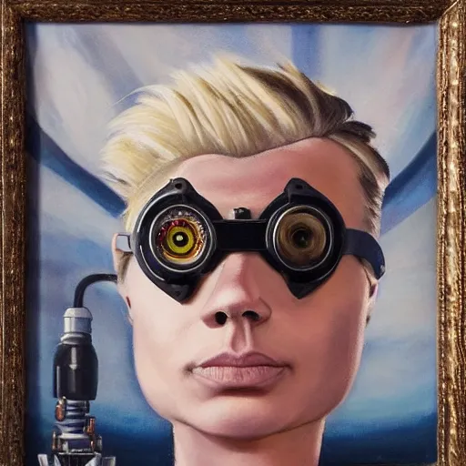 Image similar to square - jawed emotionless serious blonde woman starship engineer, tribal tattoos, handsome, short slicked - back hair, uncomfortable and anxious, looking distracted and awkward, wearing victorian dark goggles, flight suit and gloves, highly detailed, oil painting