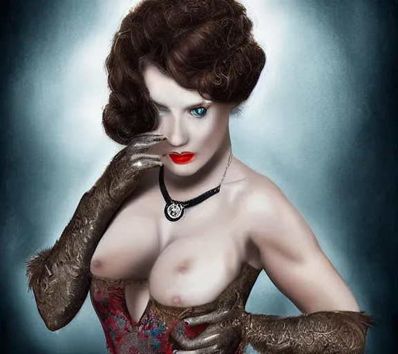 Image similar to sensual damsel in distress pin - up, deep focus, intricate, beautiful, highly detailed, digital art, medium shot, bust, tight fit