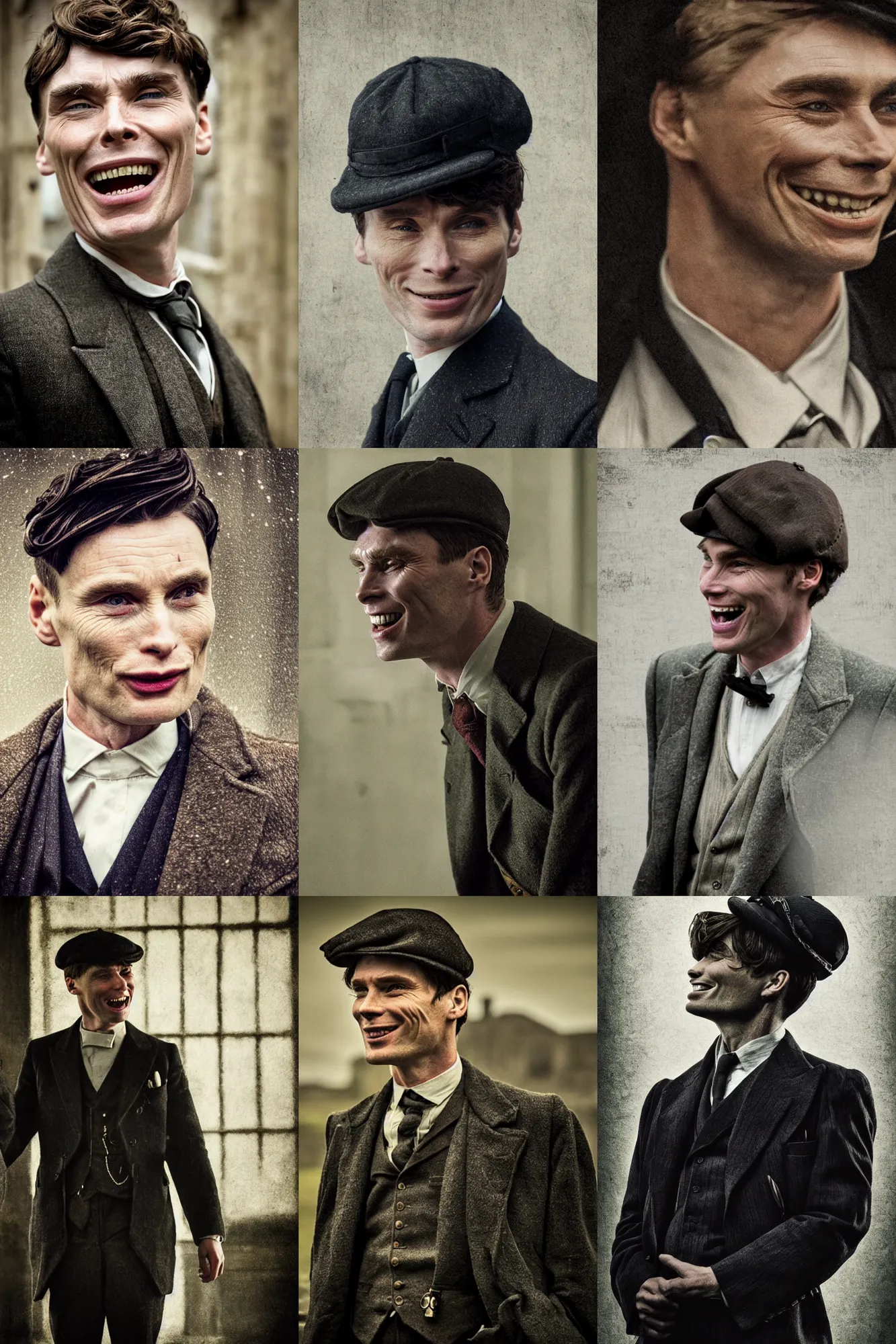 Prompt: portrait laughing Cillian Murphy in Peaky Blinders satisfied beautiful face, Perfect detailed face, front view dramatic, gloomy, dark, bleak, cheerless, desolate, impressive, tragic, cinematic dull colours, dark colour scheme, atmospheric by Christopher Nolan