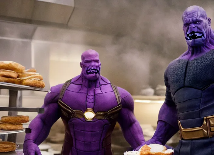 Image similar to film still of thanos working as a pastry chef in the new avengers movie, 4 k