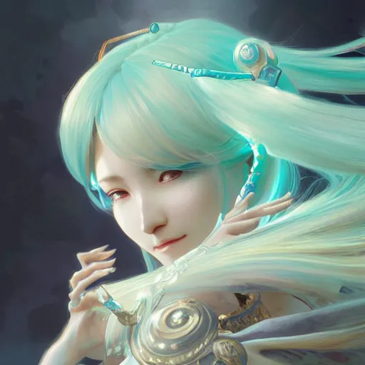 Image similar to portrait of hatsune miku, d & d, fantasy, intricate, elegant, highly detailed, digital painting, artstation, concept art, smooth, sharp focus, illustration, art by artgerm and greg rutkowski and alphonse mucha