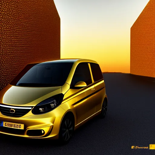 Prompt: ein goldenes auto das auf einer strße aus schokolade fahrt bei einem sonnenuntergang. 8 k render