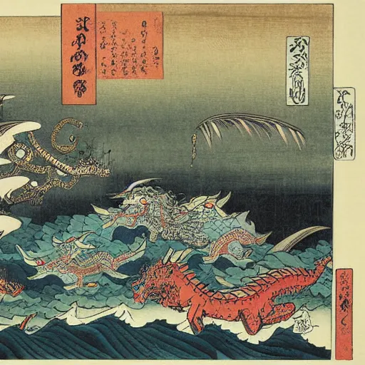 Image similar to A sea of dragons by Utagawa Kuniyoshi, ukiyo-e, nightmare ocean storm