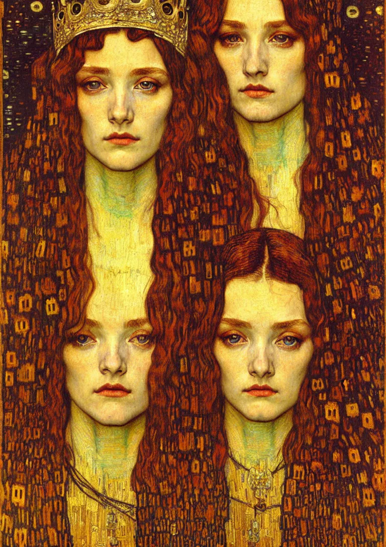 Image similar to detailed realistic beautiful young medieval queen face portrait by jean delville, gustav klimt and vincent van gogh, art nouveau, symbolist, visionary, gothic, pre - raphaelite, muted earthy colors, desaturated