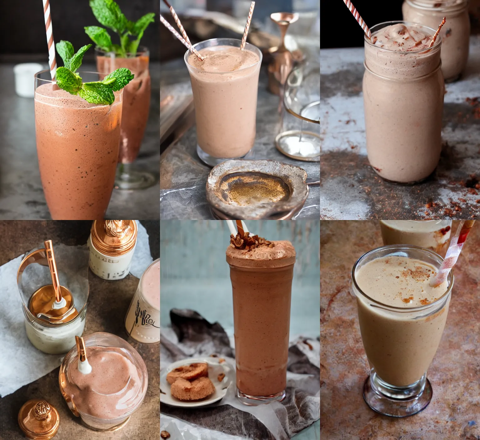 Prompt: delicious copper patina milkshake, food blog photo