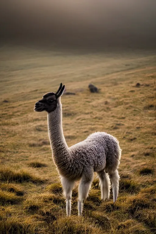 Prompt: beautiful photo of a llama in the andean highlands in the early ours of the morning with morning fog and dew on the grass. sunrise. nature. photography. national geographic. detailed face and fur, ultra hd, sharp. volumetric lighting, hasselblad. nikon z 9. 1 0 0 mm. f / 2. 5