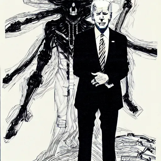 Image similar to Joe Biden standing with his arms crossed looking sinister, by Tsutomu Nihei, highly detailed