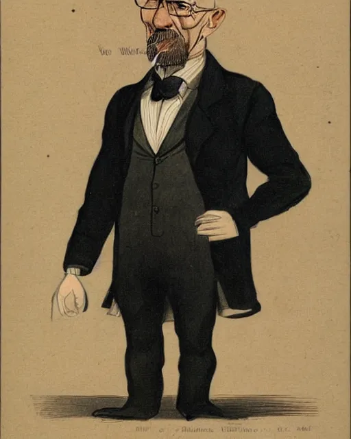 Image similar to Victorian caricature drawing of professor of chemistry Walter White, art by Sir Leslie Matthew Ward