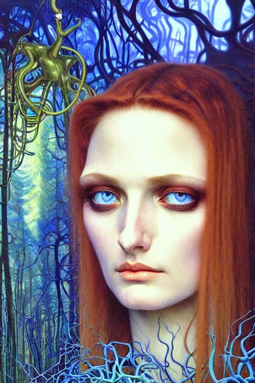 Image similar to realistic detailed face portrait painting of olexesh with sci-fi headwear, futuristic sci-fi forest on background by Jean Delville, Amano, Yves Tanguy, Alphonse Mucha, Edward Robert Hughes, Roger Dean, rich moody colours, blue eyes