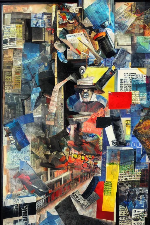 Image similar to bank robbery, collage, acrylic on canvas, expressionism movement, breathtaking detailed, by blake neubert