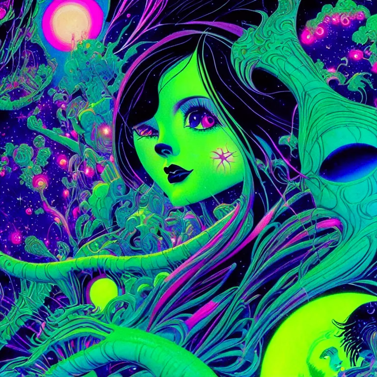 Image similar to cosmic girl, medium close - up, infinite crystal ascent, bright neon colors, highly detailed, cinematic, eyvind earle, tim white, philippe druillet, roger dean, lisa frank, aubrey beardsley