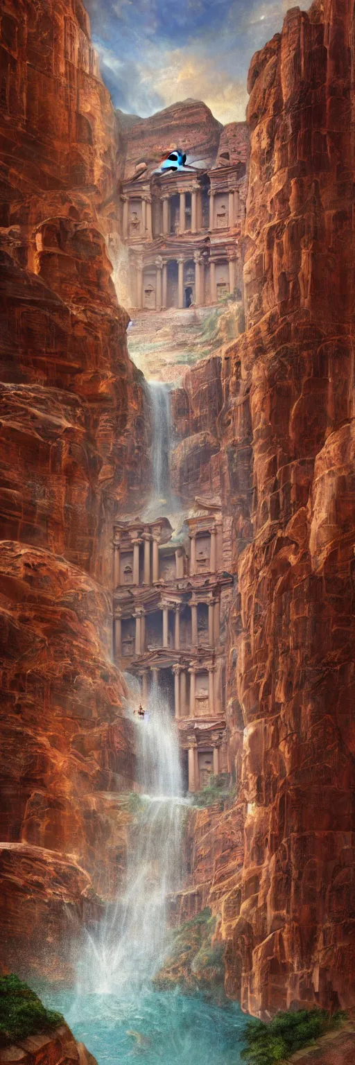 Prompt: A beautiful highly detailed epic painting of the temple at petra, with waterfalls and inhabitants going about their business, townscape, warm saturatured colors, mork borg, panorama, by greg rutkowski and thomas kinkade, Trending on artstation HD, Dark Fantasy, concept art unreal engine, volumetric lighting 8k resolution