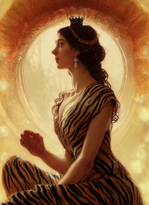 Prompt: tiger striped high necked gown, lovely queen, portrait, long hair, small crown, feral languid woman, by greg rutkowski, anato finnstark, alphonse mucha, global illumination, radiant light